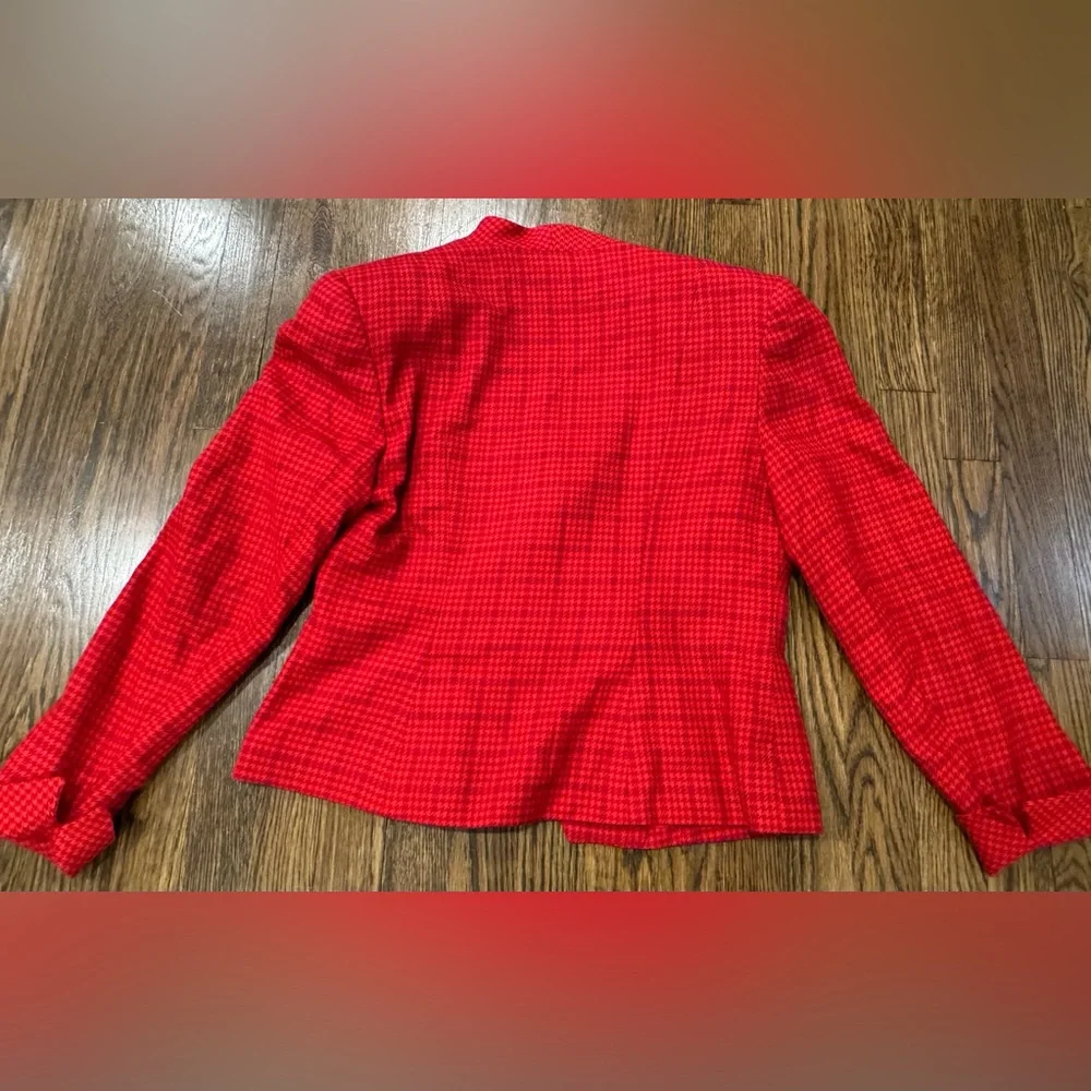 Christian Dior Vintage Houndstooth Red Plaid Pure Wool Blazer Top Size 12P